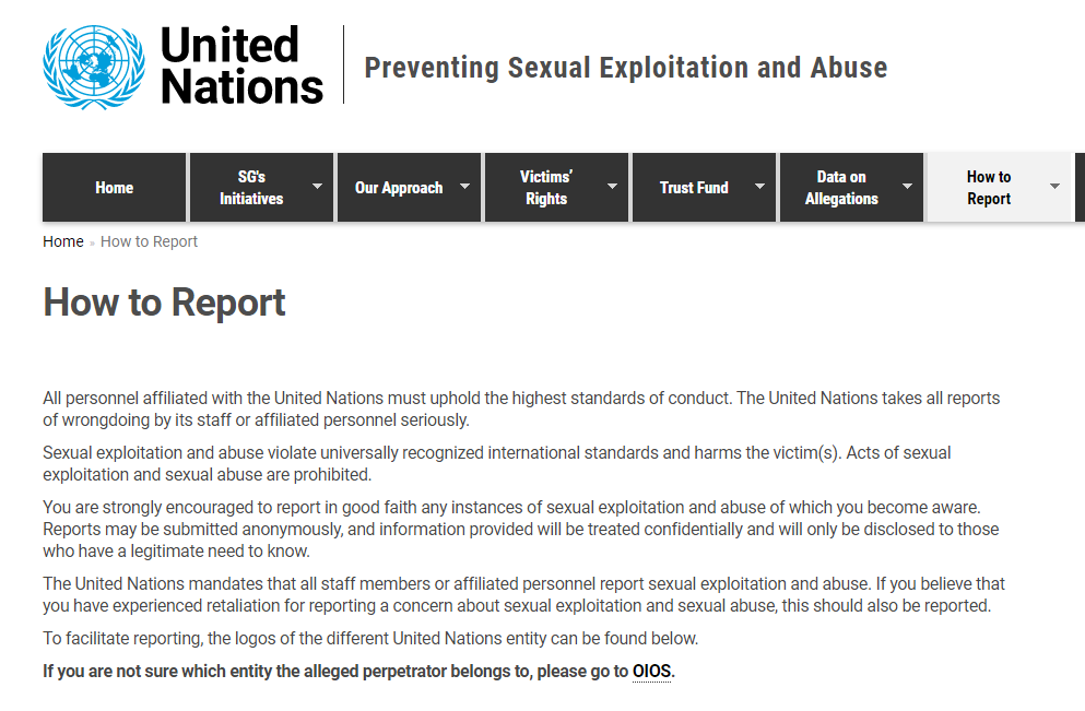 UN Preventing Sexual Exploitation and Abuse website screenshot