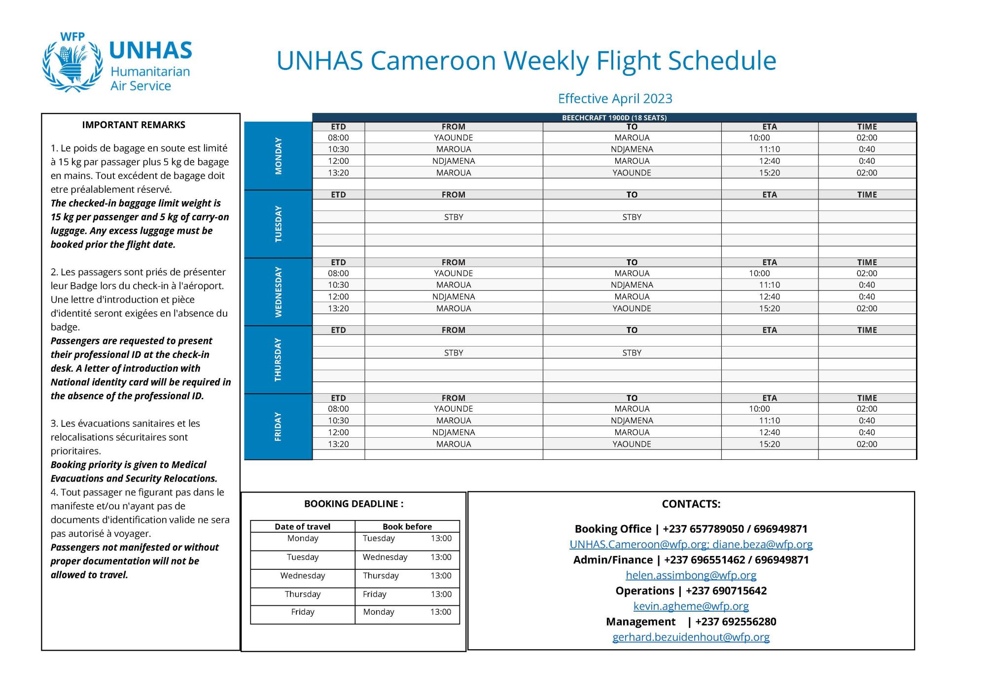 UNHAS Cameroon weekly flight schedule